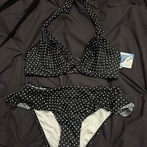 Freya Black White Polka Dot Ruffle Halter Bikini Set Underwire 32D (US)/S Women